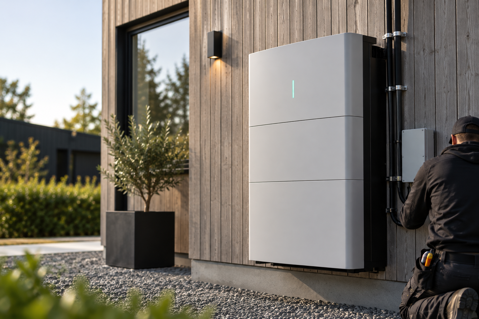 Qualified technician install home EV charging station, providing maintenance service for electric vehicle's battery charging platform at home. EV car technology for residential utilization. Synchronos